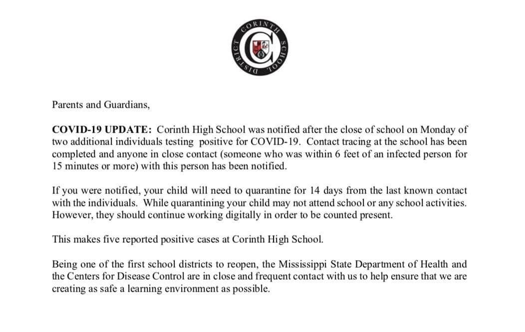 Corinth High School Reports Two Additional COVID-19 Cases