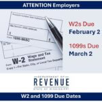 Employers reminded of key W-2 and 1099 filing deadlines ATTENTION EMPLOYERS: Reminder of important due dates: 