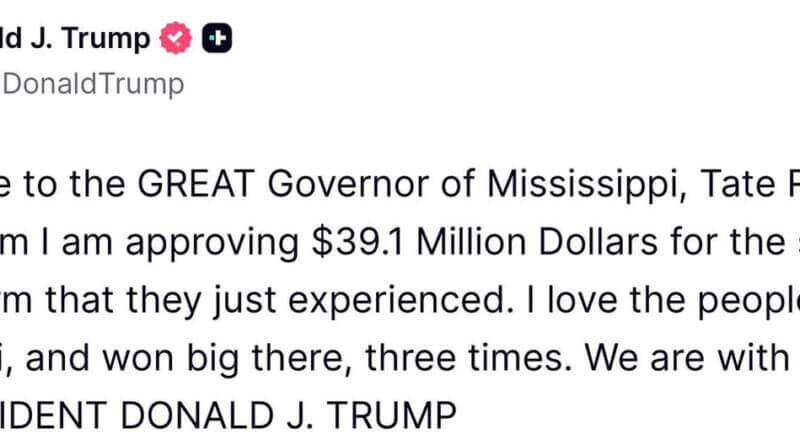 Trump approves Mississippi disaster declaration request I just got off the phone with a great friend of the people of Mississippi- President Donald J