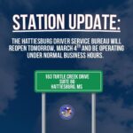 Hattiesburg Driver Service Bureau to reopen March 4 The Hattiesburg Driver Service Bureau location will reopen tomorrow, March 4th