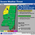 National Weather Service issues slight risk of severe weather in Mississippi The National Weather Service is forecasting a slight risk of severe weather in Mississippi late Wedn