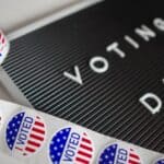 Alcorn County Absentee Voting Opens for Nov. 3 Election I Voted stickers with an American flag design, illustrating Alcorn County absentee voting
