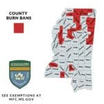 Alcorn County Emergency Burn Ban in Effect Through Oct. 12 Mississippi Forestry Commission map showing the Alcorn County burn ban and other North Mississippi counties in red