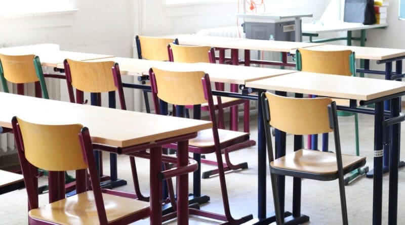 Empty classroom with wooden desks and chairs, illustrating a Corinth police Career Day school visit