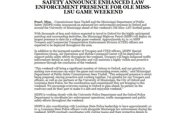 A Mississippi Department of Public Safety press release with the agency seal and a headline about enhanced law enforcement presence for the Ole Miss-LSU game weekend.
