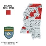 Alcorn County roundup, Oct. 6, 2026: Fire danger persists; Farmington Road paving approved Mississippi Forestry Commission county burn ban map showing Alcorn County under a ban amid elevated Alcorn County fire danger
