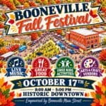 Booneville Fall Festival Set for Oct. 17 Downtown Booneville Fall Festival poster for Oct. 17, 8 a.m. to 5 p.m. in historic downtown Booneville