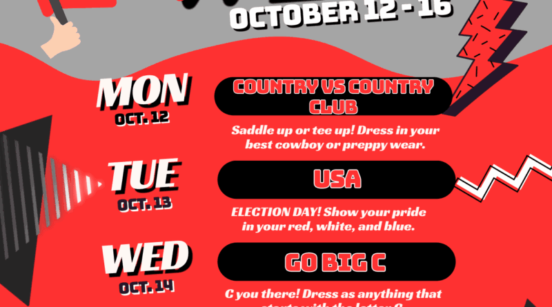 Corinth High School HOCO Week flyer listing Corinth homecoming week spirit days Oct. 12-16