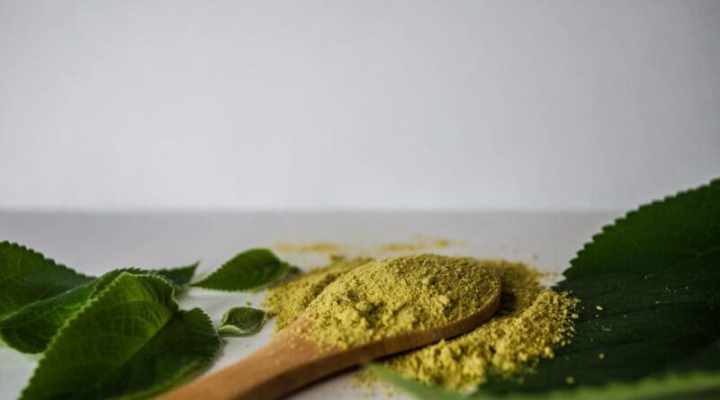 Herbal powder on a wooden spoon with green leaves, illustrating products covered by the Corinth kratom ban