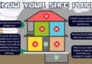Fall weather safety notices cover tornado prep, ShakeOut and fire danger MEMA tornado safety graphic with a house diagram showing safe and unsafe rooms during a tornado.