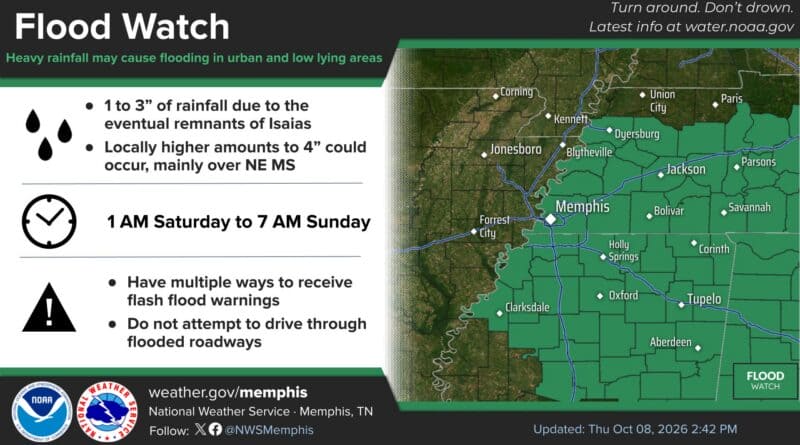 NWS Memphis Flood Watch for Alcorn County and North Mississippi map, 1 a.m. Saturday to 7 a.m. Sunday
