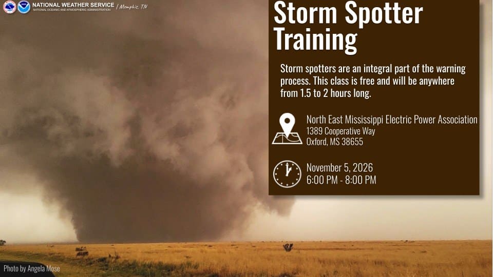 National Weather Service storm spotter training graphic with a tornado photo background and event details for Oxford.