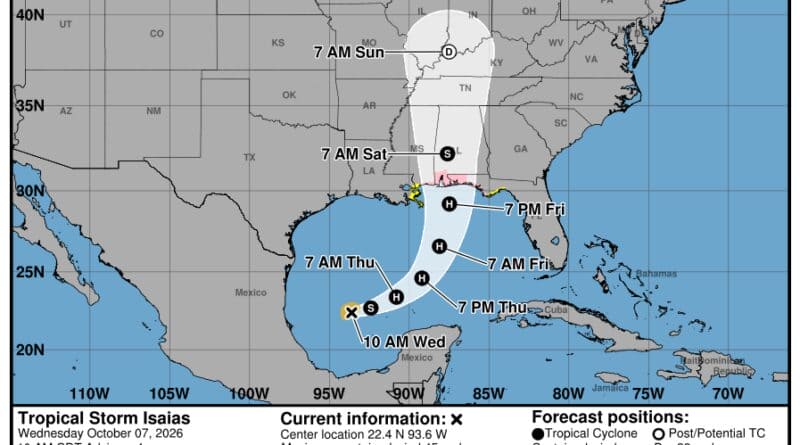 National Hurricane Center forecast cone for Tropical Storm Isaias showing a path toward Northeast Mississippi