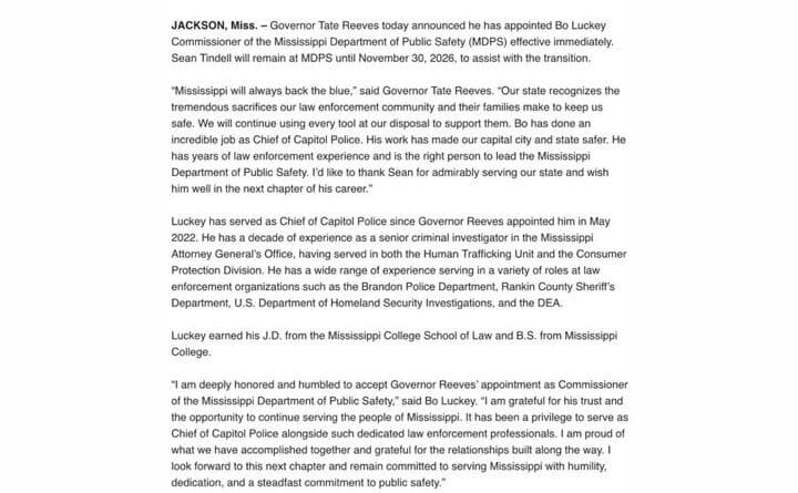 Official press release announcing Bo Luckey as Mississippi Department of Public Safety commissioner.