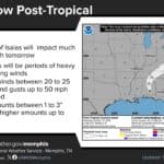 NWS Memphis tracks Isaias fading out and Corinth warming up National Weather Service Memphis graphic showing Isaias now post-tropical, with a storm-track map and notes about heavy rainfall and strong winds.