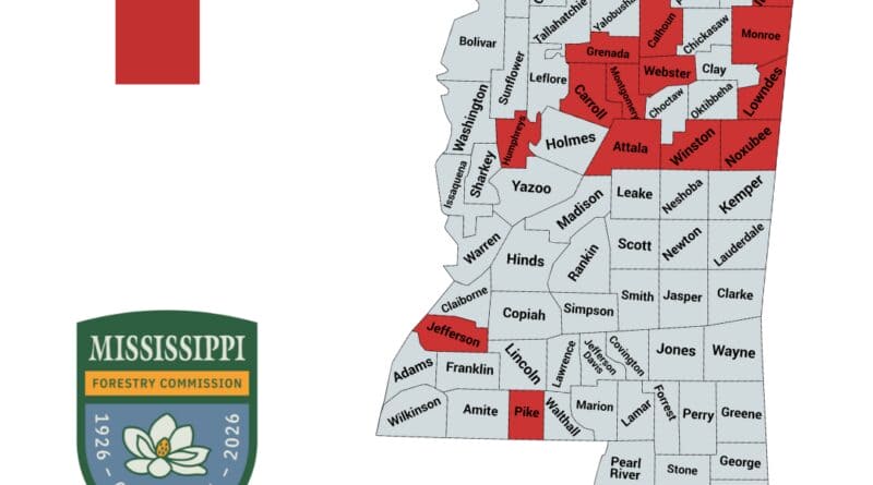 Mississippi Forestry Commission map of county burn bans, including Alcorn County, as severe drought spreads in Northeast Mississippi