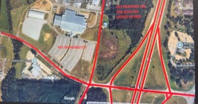 Corinth Police Issue Parking and Security Notice for Monday Trump Rally Map showing no-parking routes around the Crossroads Arena in Corinth for the Trump rally